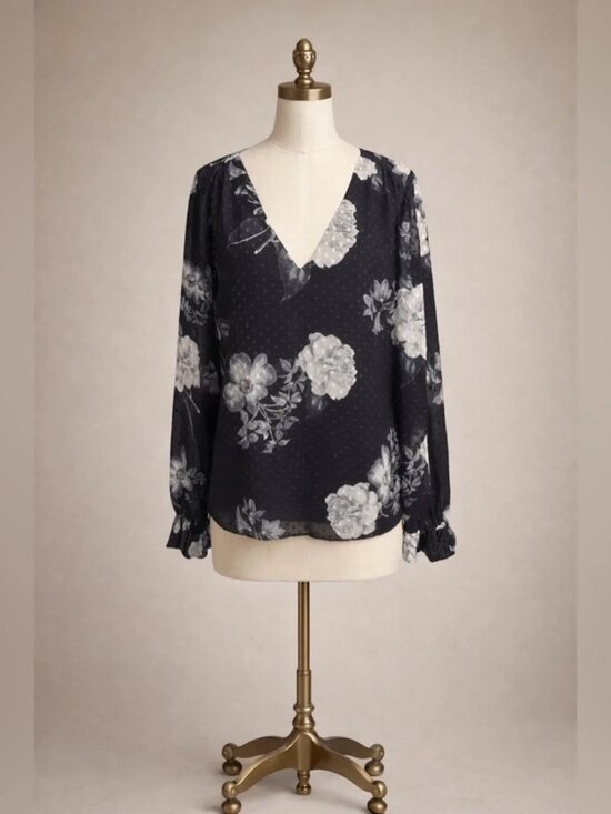 White House Black Market Tops - White House Black Market Black Floral Swiss Dot Blouse Size M